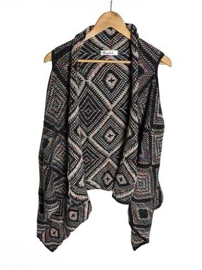Tribal geometric woven wool open front sleeveless sweater cardigan size S/M
